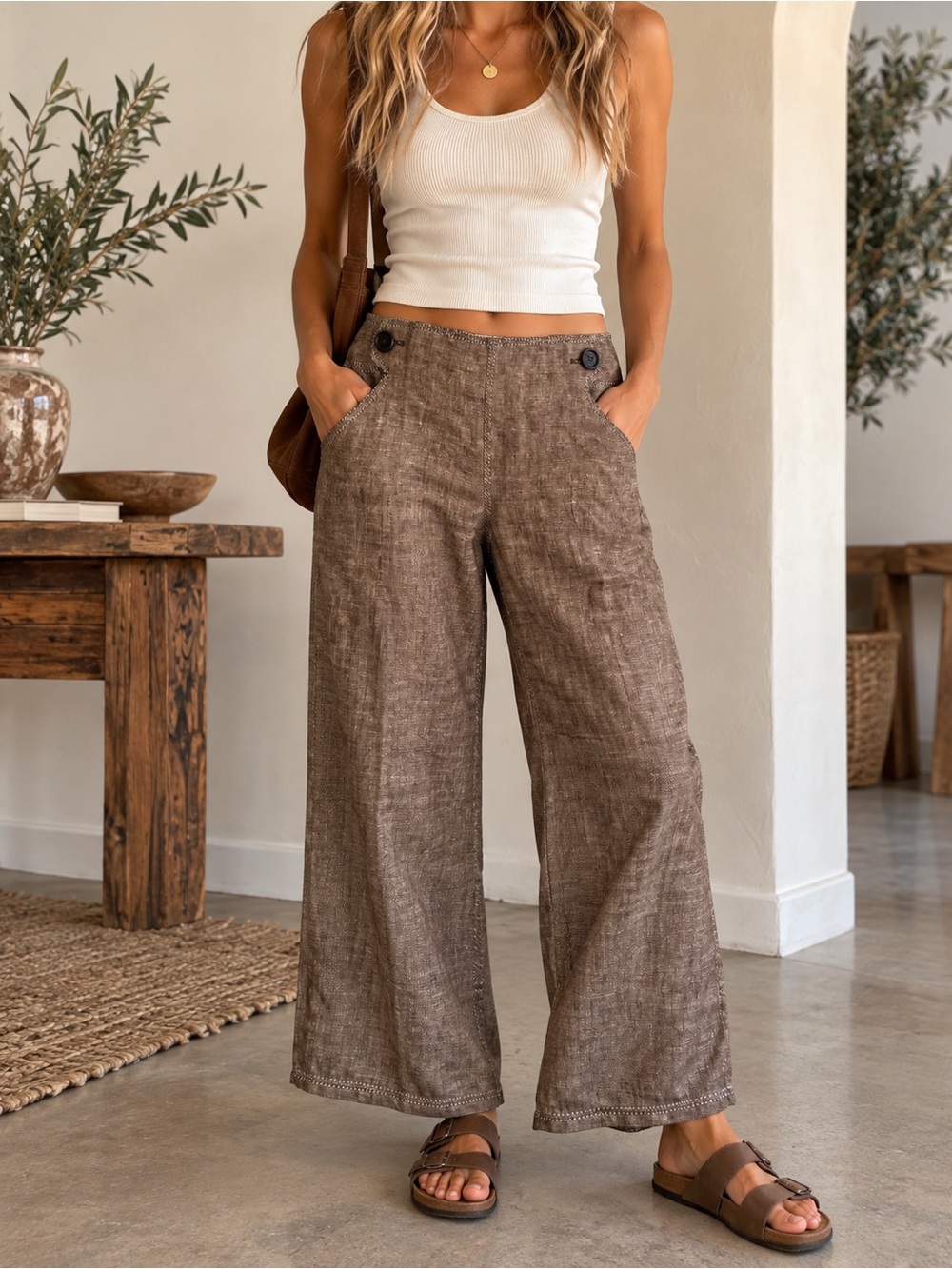 Max Studio MSSP 100% Linen Wide Leg Pants Brown 12 NWT